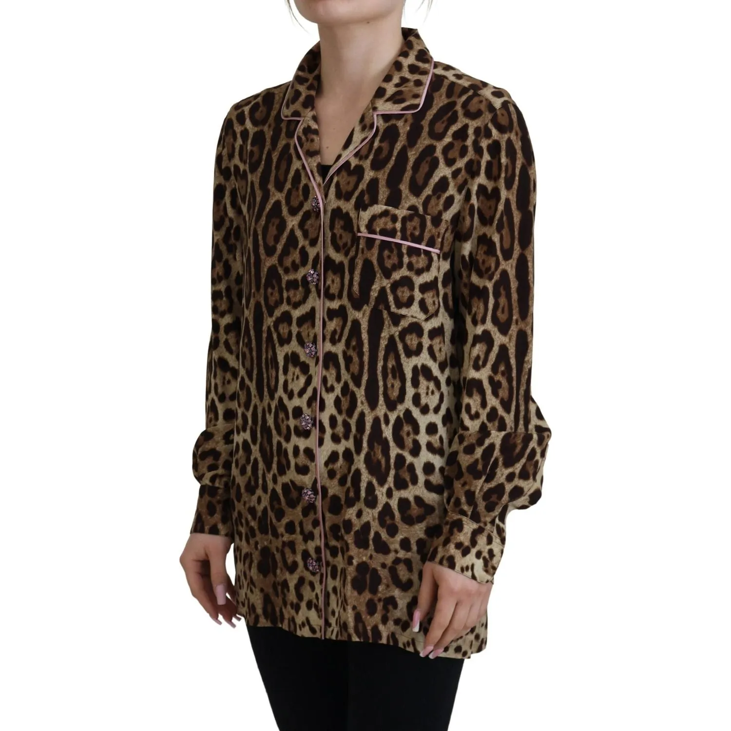 Dolce & Gabbana Elegant Silk Leopard Print Collared Top