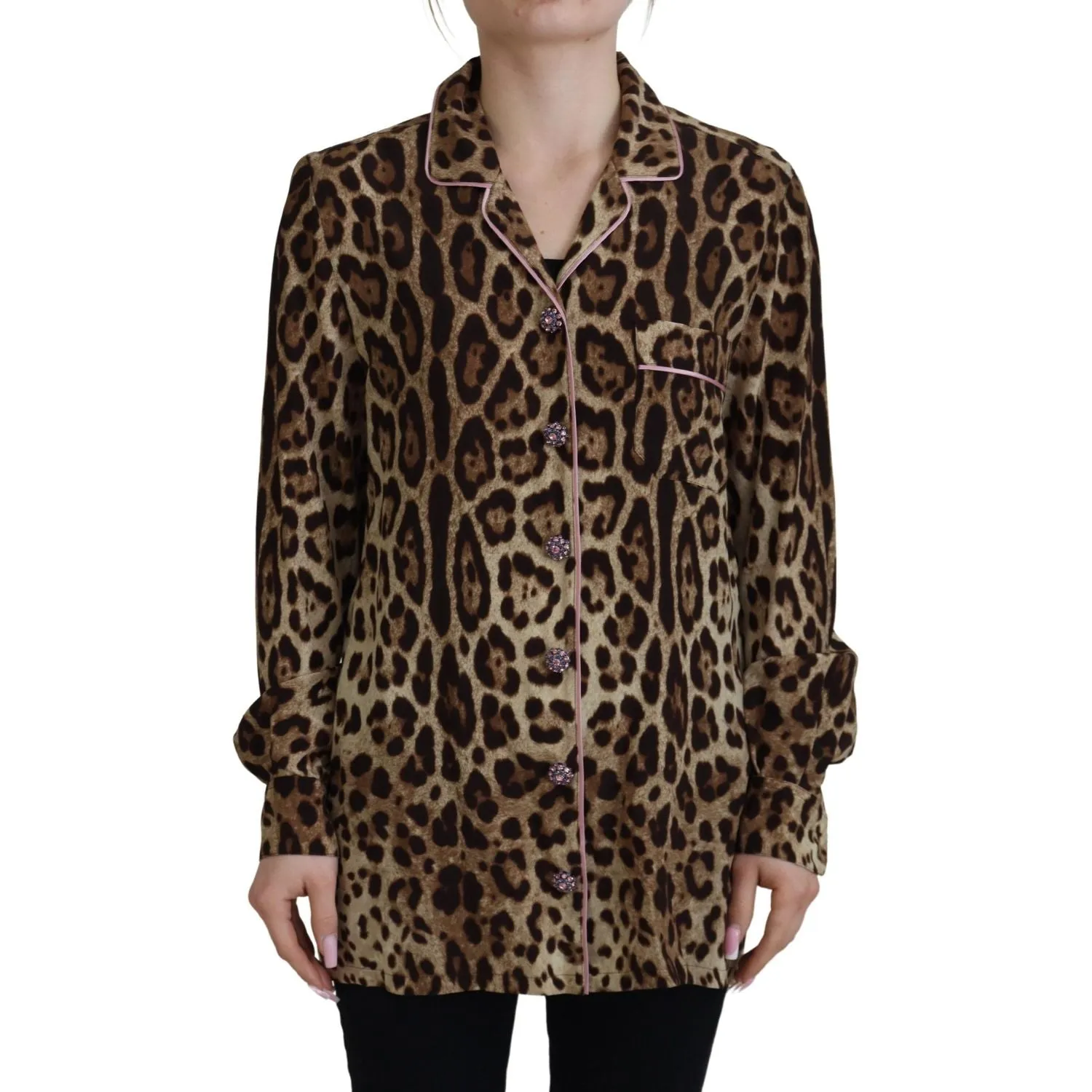 Dolce & Gabbana Elegant Silk Leopard Print Collared Top