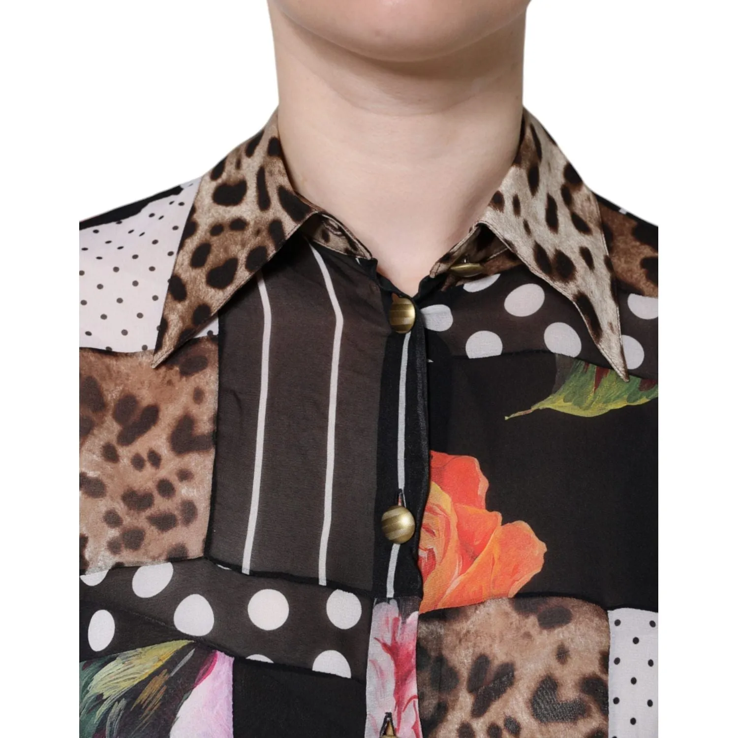 Dolce & Gabbana Multicolor Patchwork Silk Collared Blouse Top