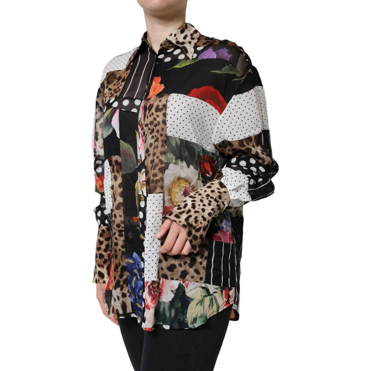 Dolce & Gabbana Multicolor Patchwork Silk Collared Blouse Top