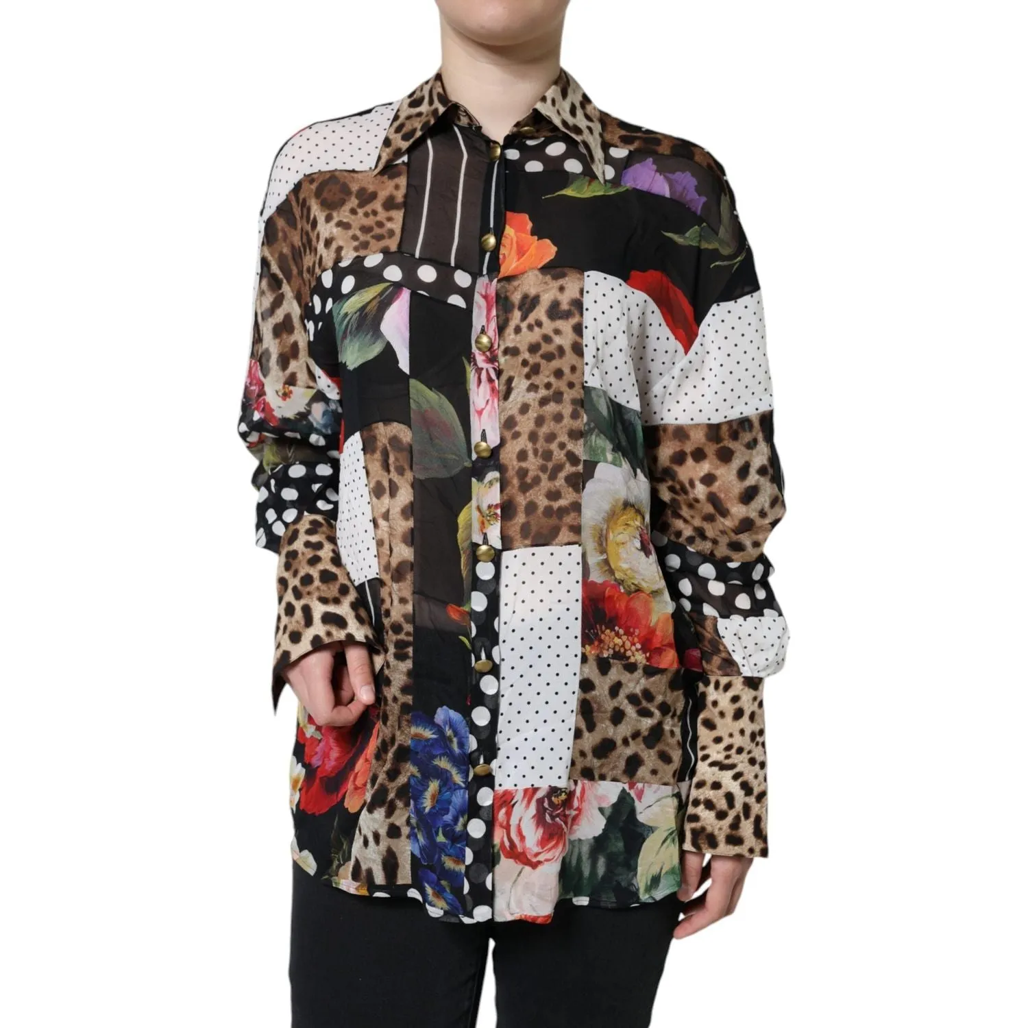 Dolce & Gabbana Multicolor Patchwork Silk Collared Blouse Top