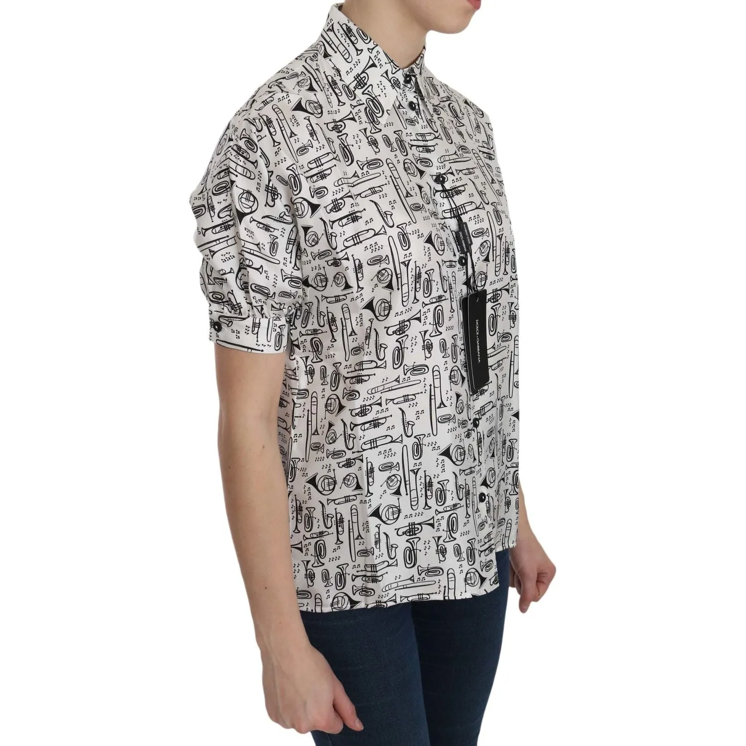 Dolce & Gabbana Musical Instrument Print Silk Collared Top