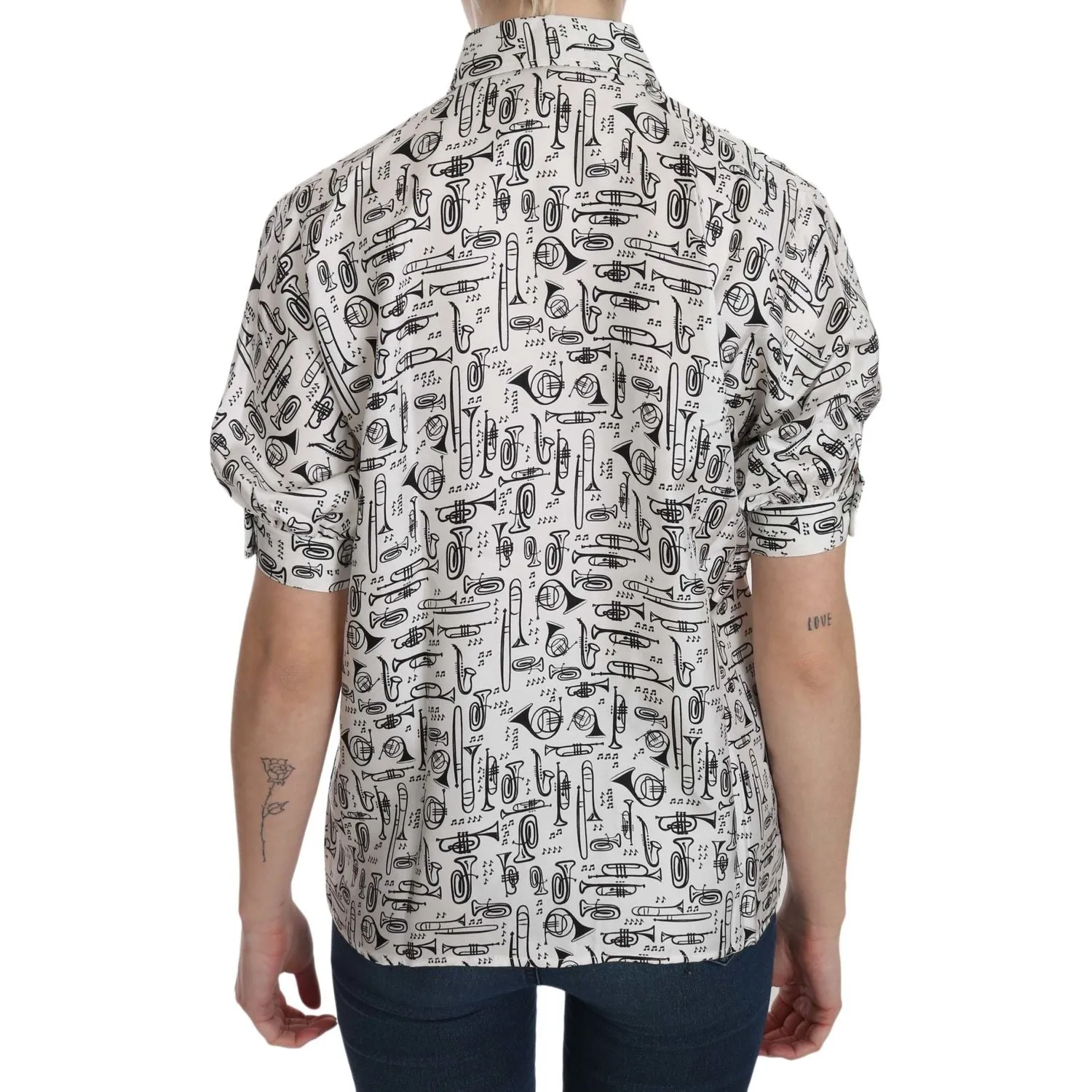 Dolce & Gabbana Musical Instrument Print Silk Collared Top