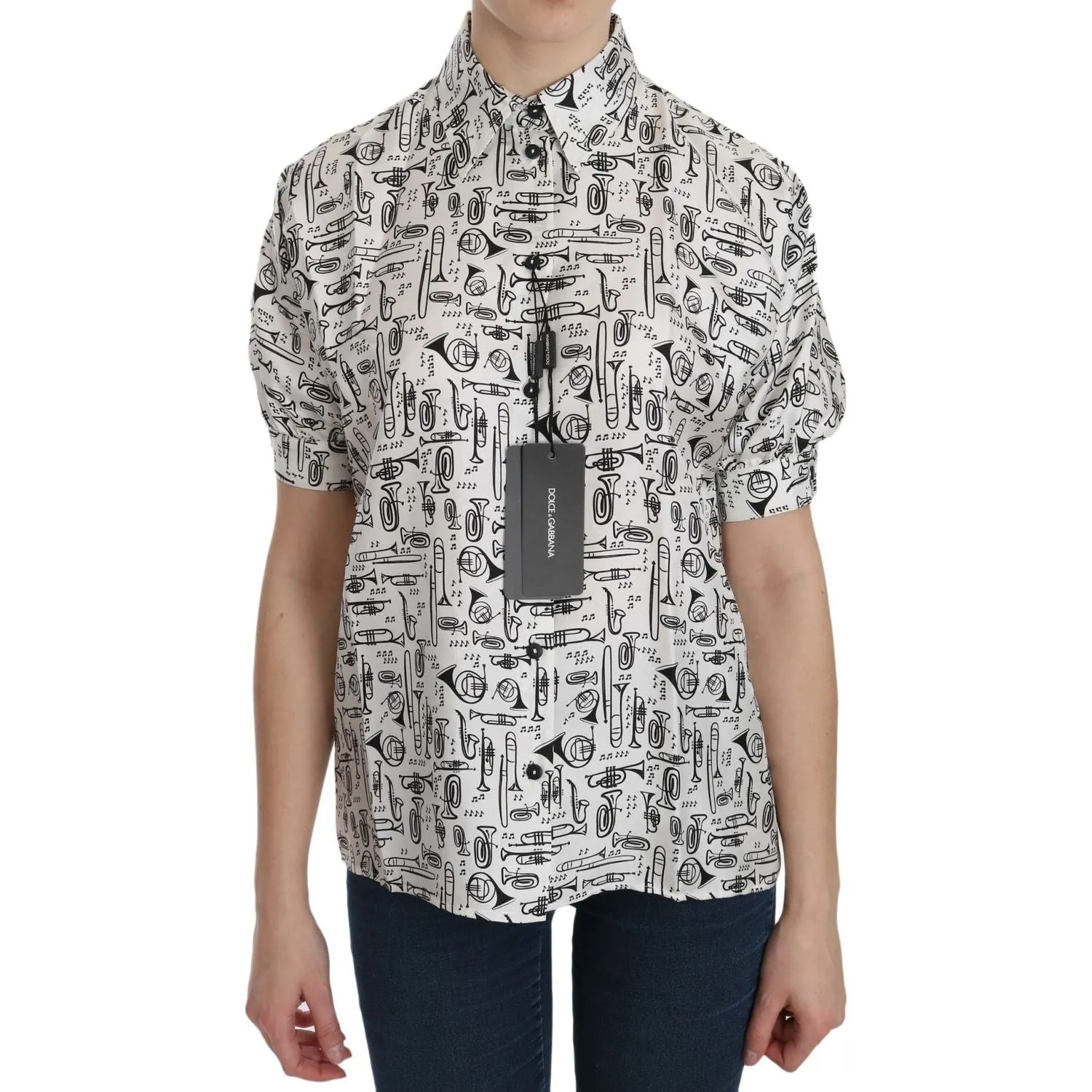 Dolce & Gabbana Musical Instrument Print Silk Collared Top