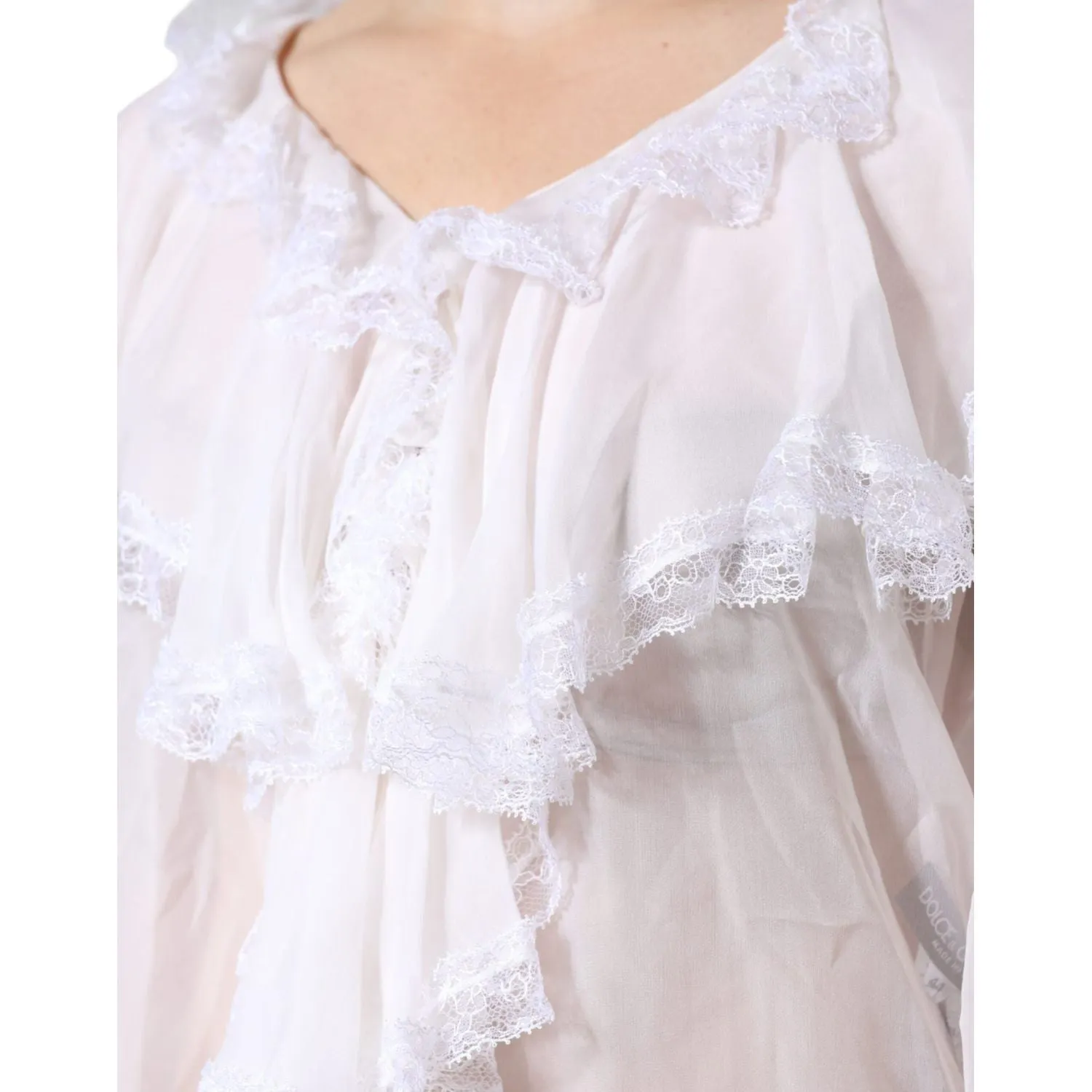 Dolce & Gabbana White Ruffles Lace Long Sleeve Blouse Top