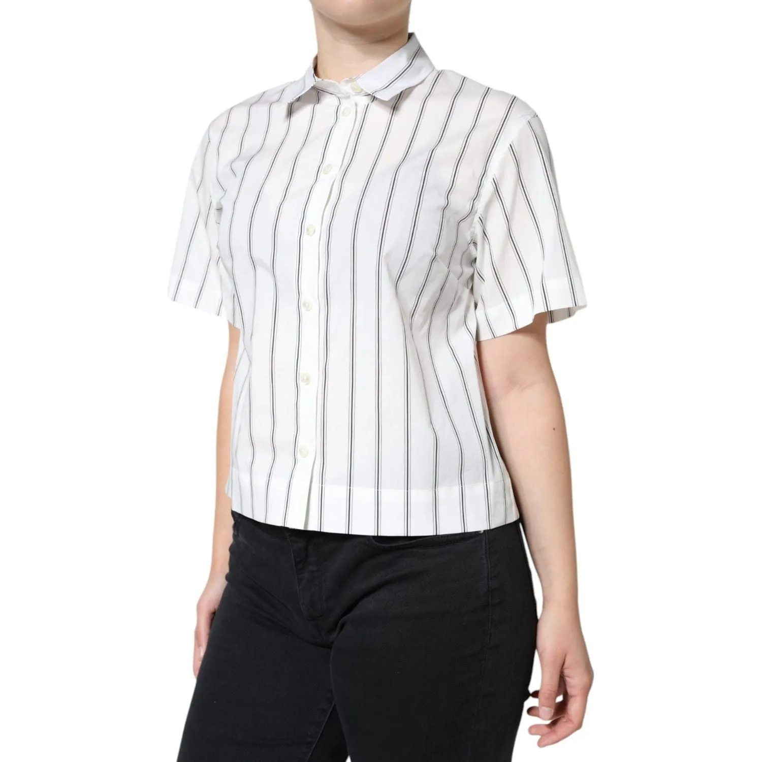 Dolce & Gabbana White Striped Collared Short Sleeve Polo Top