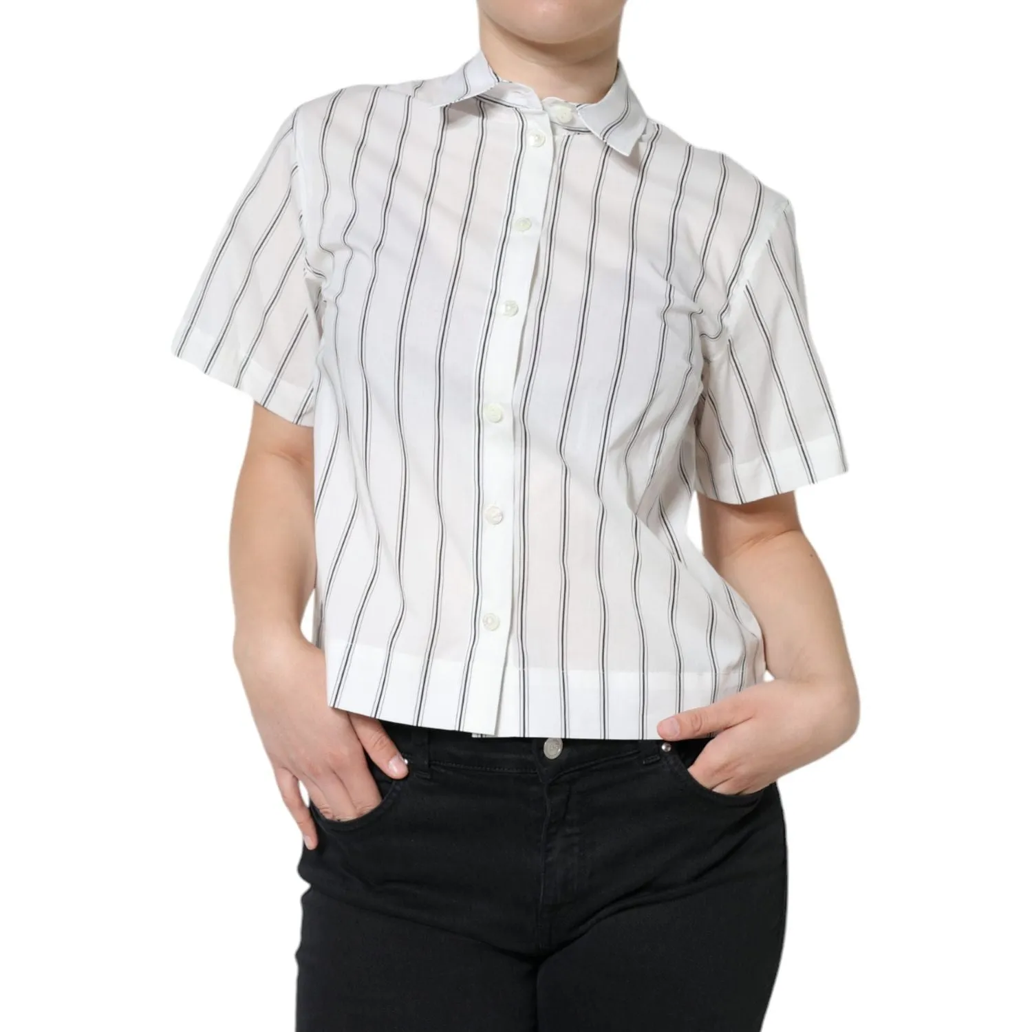 Dolce & Gabbana White Striped Collared Short Sleeve Polo Top