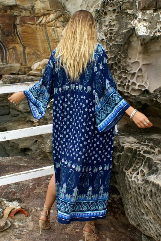 Dreamscape Maxi Boho Kimono Navy Blue Seaside Print Wide Sleeves Full Length One Size