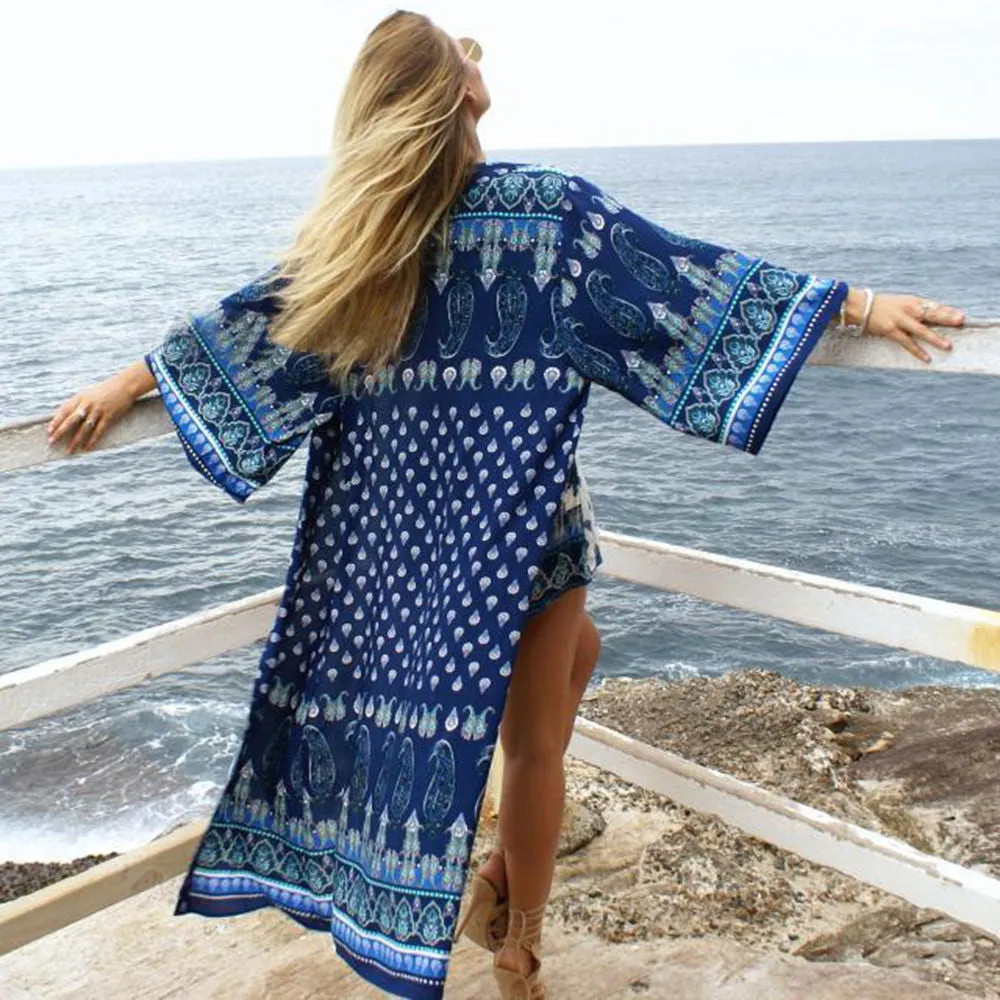 Dreamscape Maxi Boho Kimono Navy Blue Seaside Print Wide Sleeves Full Length One Size