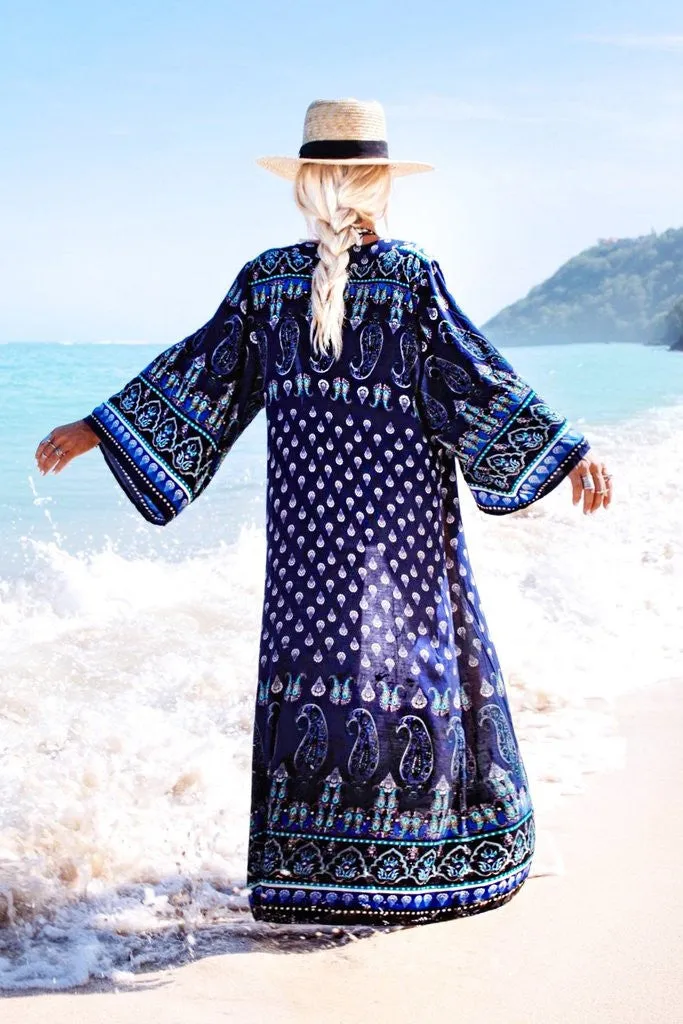 Dreamscape Maxi Boho Kimono Navy Blue Seaside Print Wide Sleeves Full Length One Size