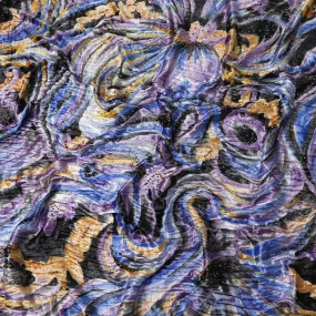 Egyptian blue to purple Rayon velvet fabric with multicolor print and metallic silver studs in fancy design