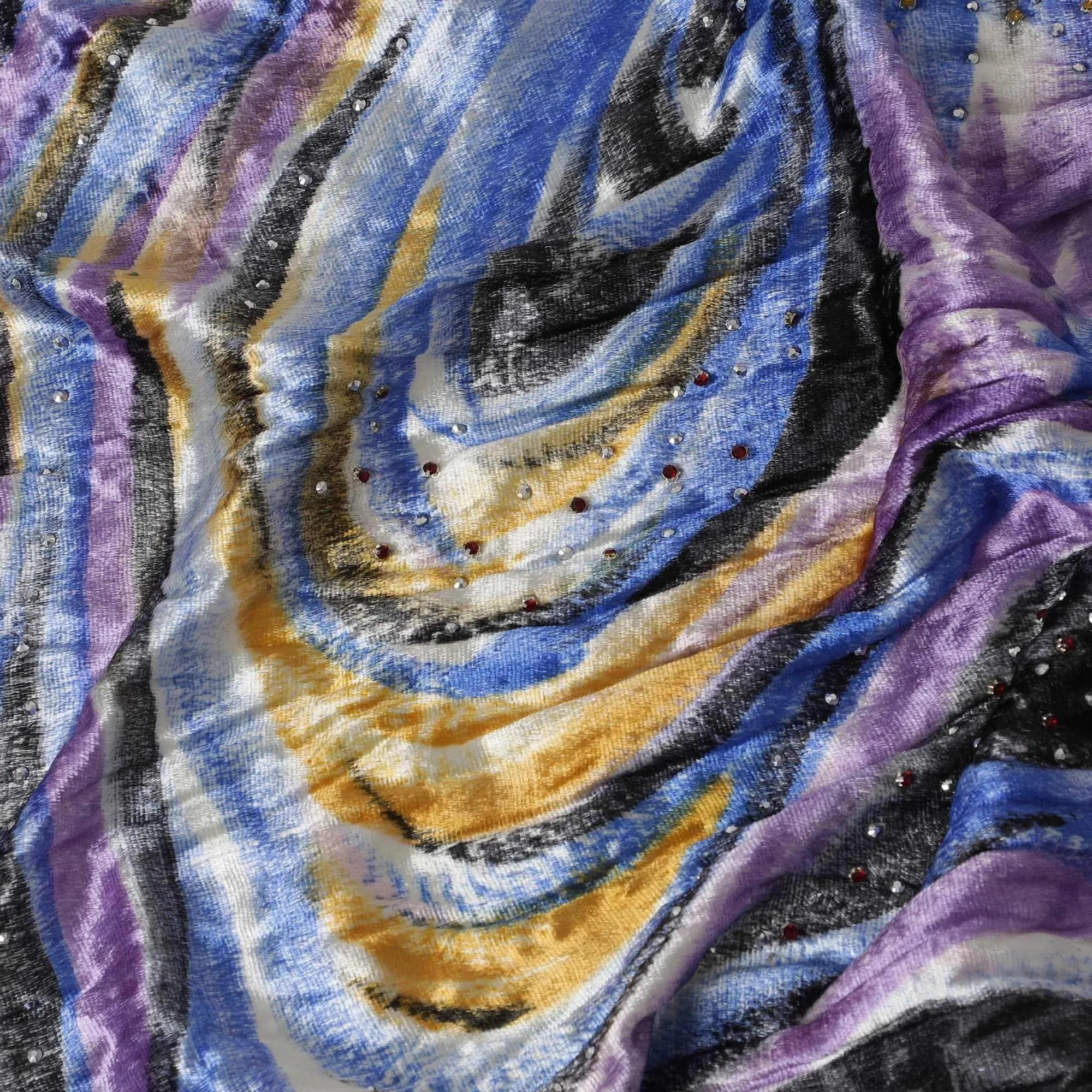 Egyptian blue to purple Rayon velvet fabric with multicolor print and metallic silver studs in fancy design