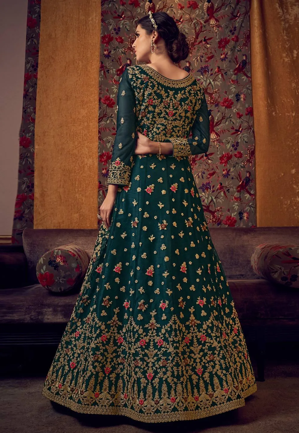 Enamoring Green Net Embroidered Designer Jacket Anarkali Suit