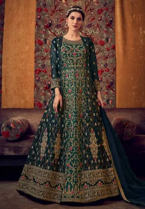 Enamoring Green Net Embroidered Designer Jacket Anarkali Suit