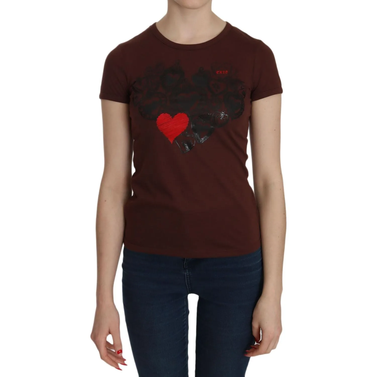 Exte Chic Brown Heart Print Crew Neck Top