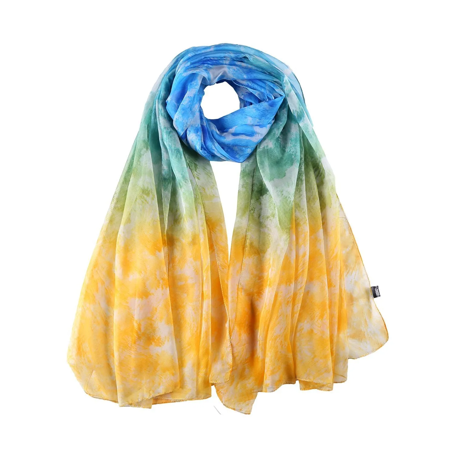 Extra Long Extra Wide Chiffon Scarf Beach Scarf Blue and Yellow Floral Print CHD324