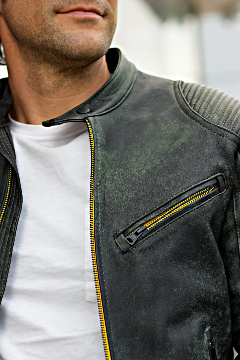 FALLOUT Leather Jacket  Distressed Green   - Cafe Racer