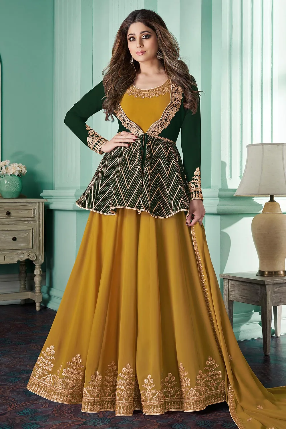 Featuring Shamita Shetty Yellow Georgette Anarkali with Jacket