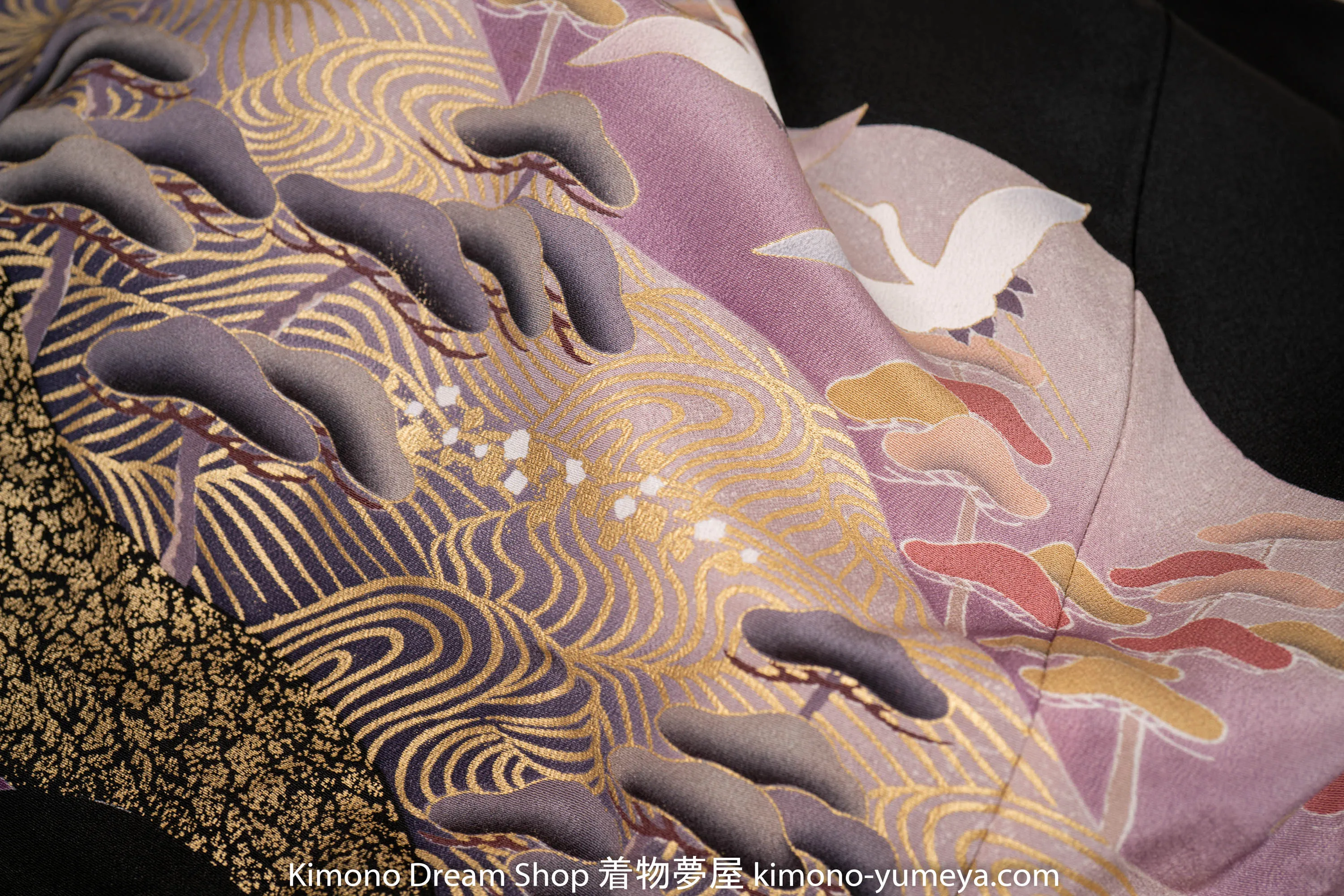 Flock of Herons Purple Skies Tomesode Vintage Silk Kimono Golden Hills Mountains Trees Japan Scenery