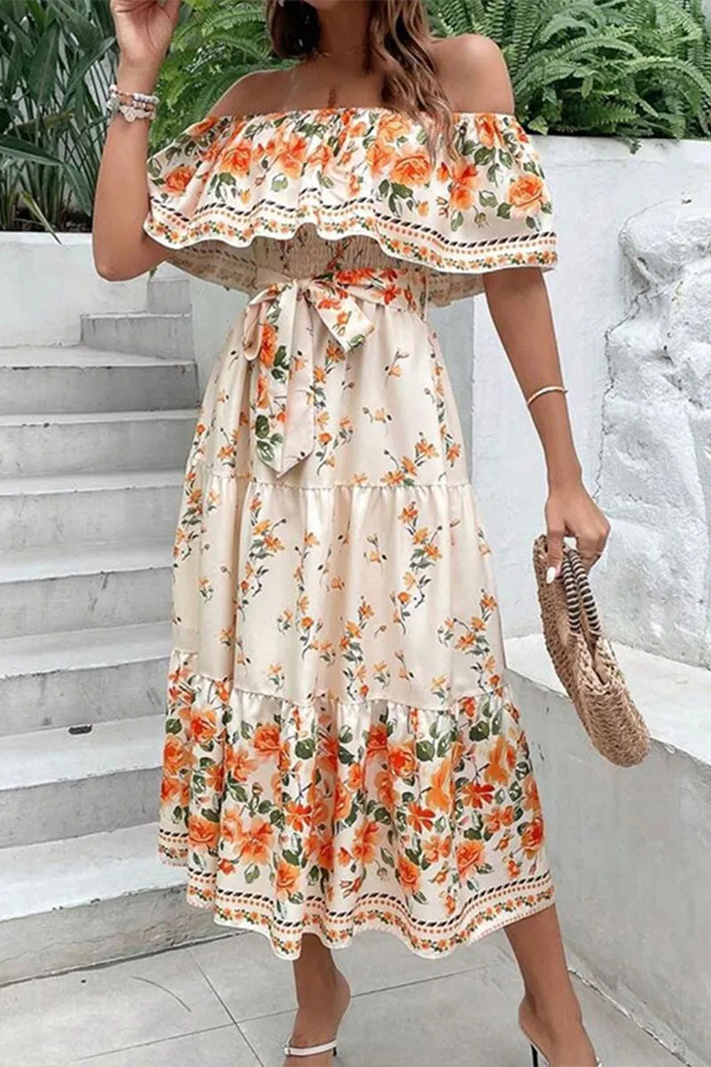 Floral Frenulum Off the Shoulder Printed Dresses(9 Colors)