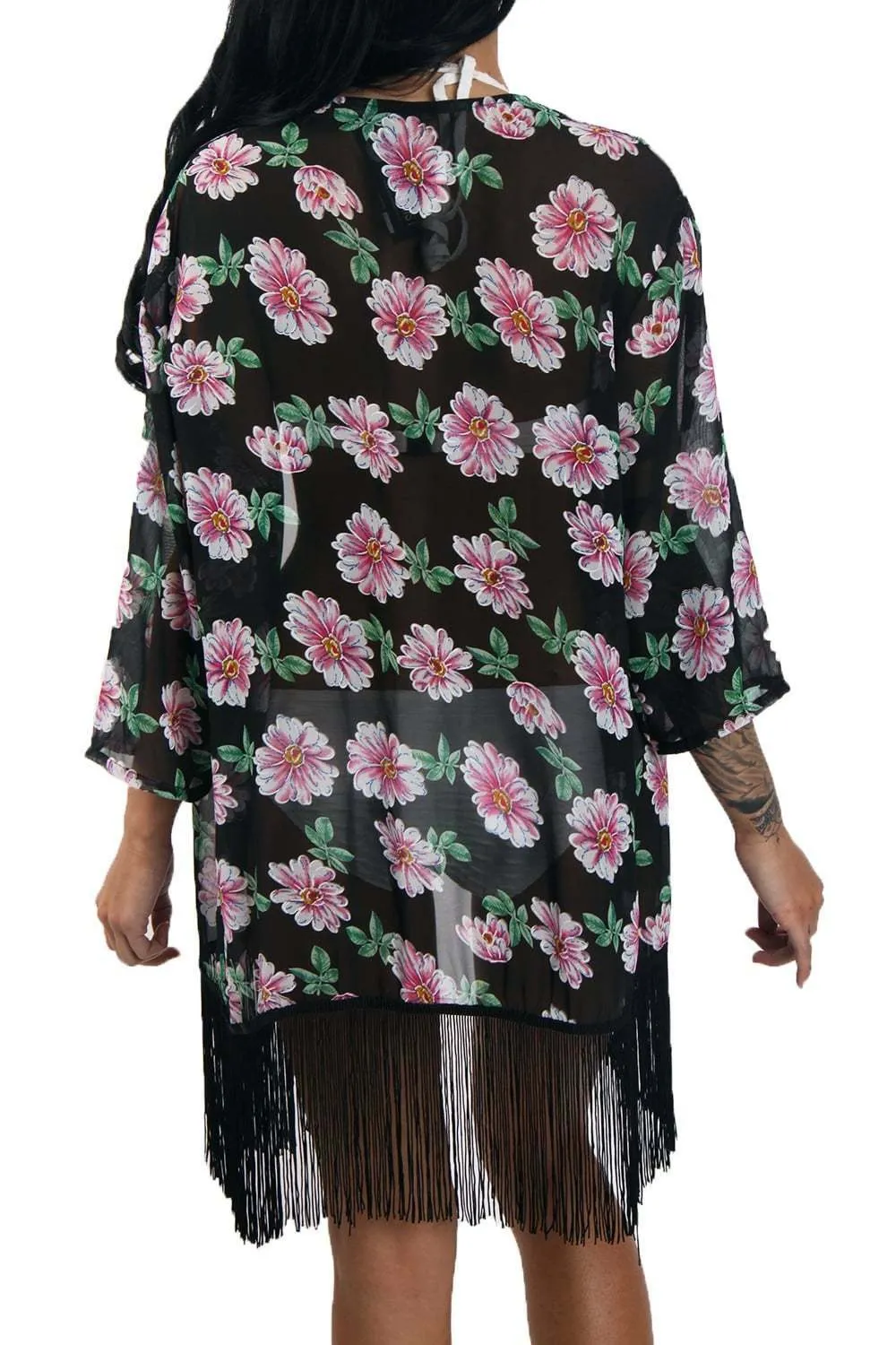 Floral Print Fringed Kimono