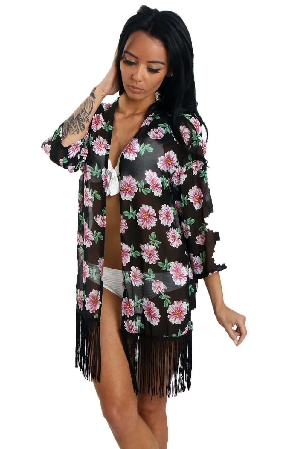 Floral Print Fringed Kimono