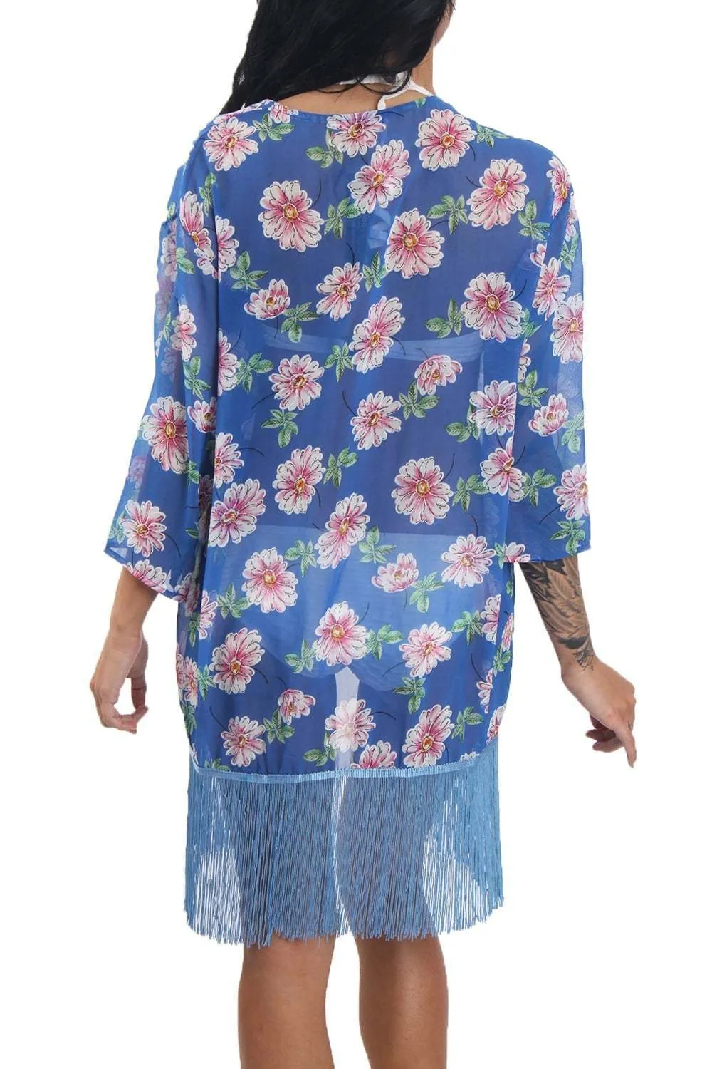 Floral Print Fringed Kimono