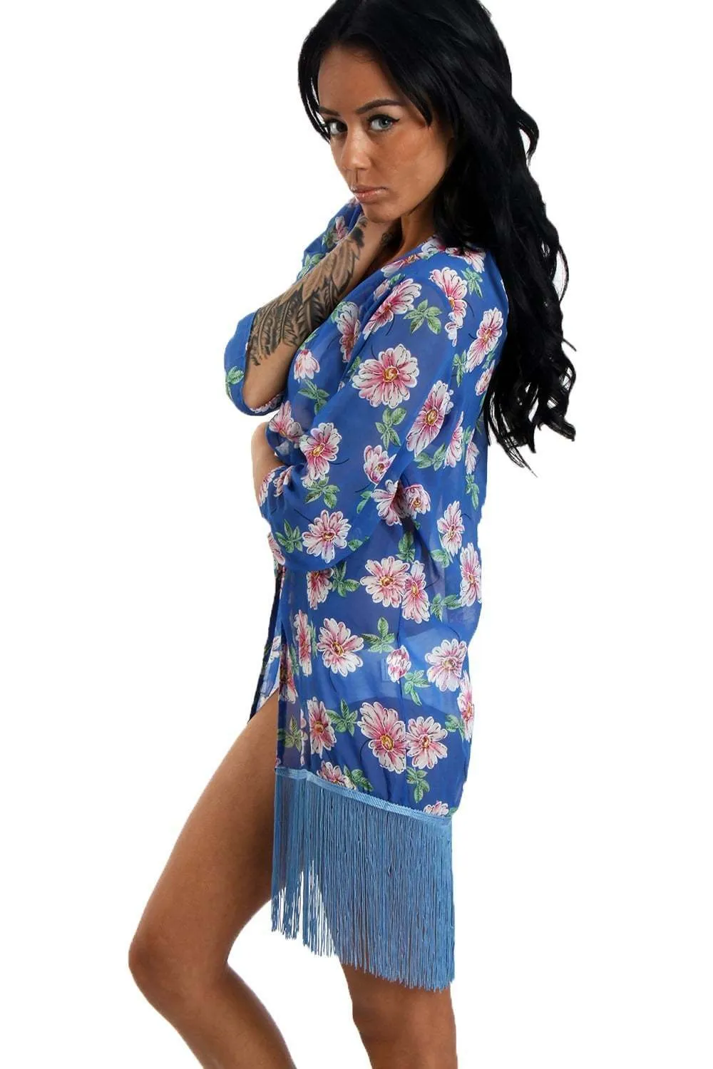 Floral Print Fringed Kimono