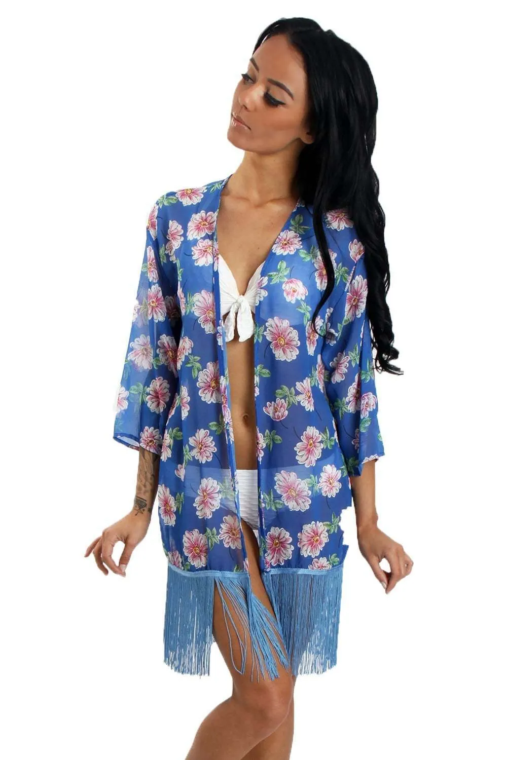 Floral Print Fringed Kimono