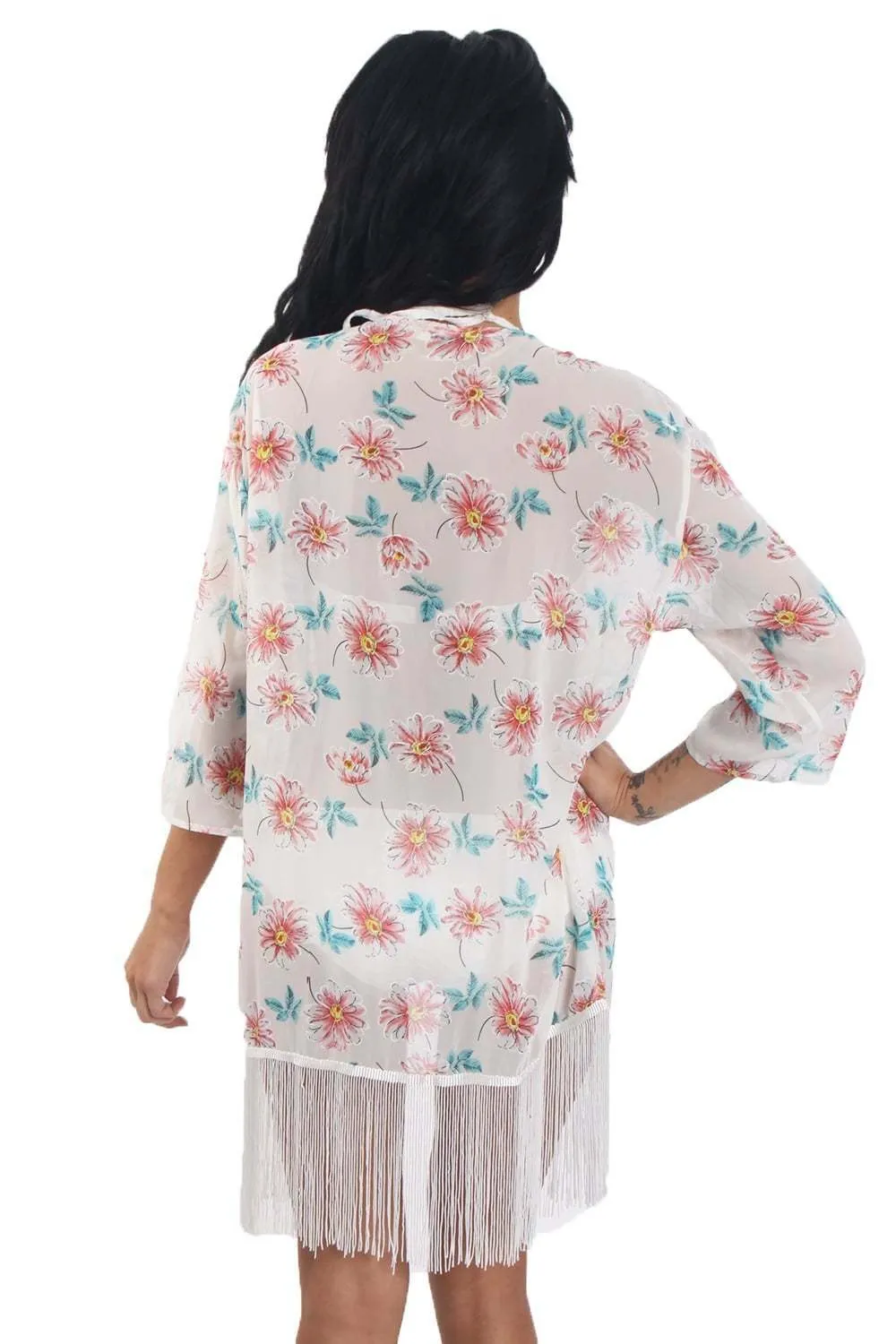 Floral Print Fringed Kimono