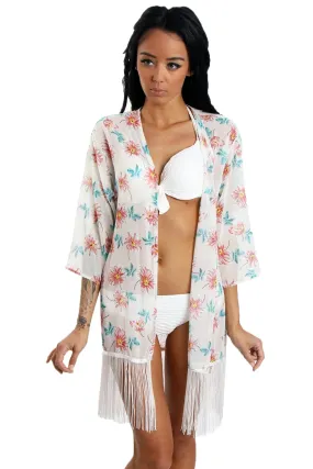 Floral Print Fringed Kimono