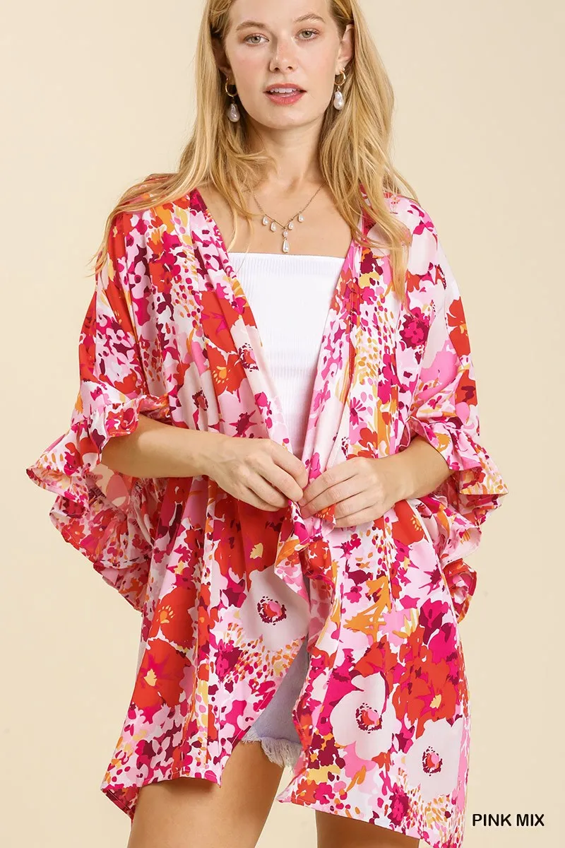 Floral Print Ruffle Sleeve Open Front Kimono with Side Slits