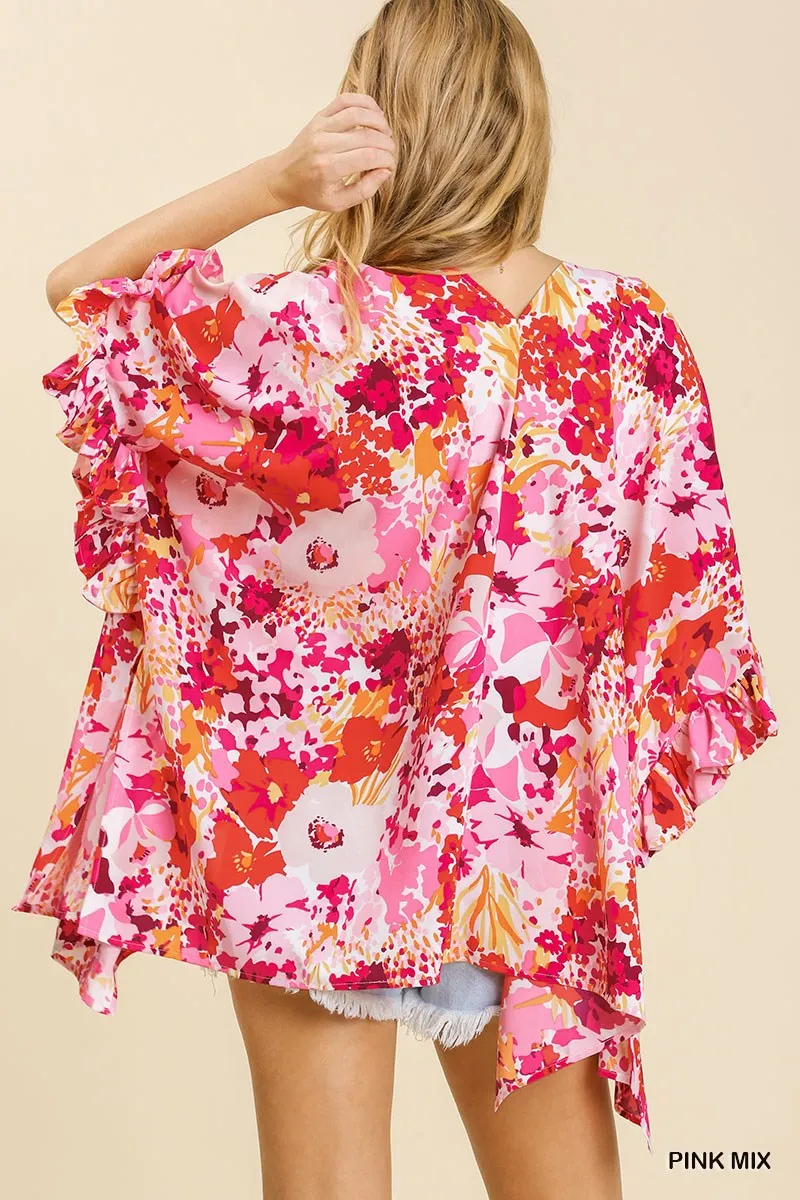 Floral Print Ruffle Sleeve Open Front Kimono with Side Slits