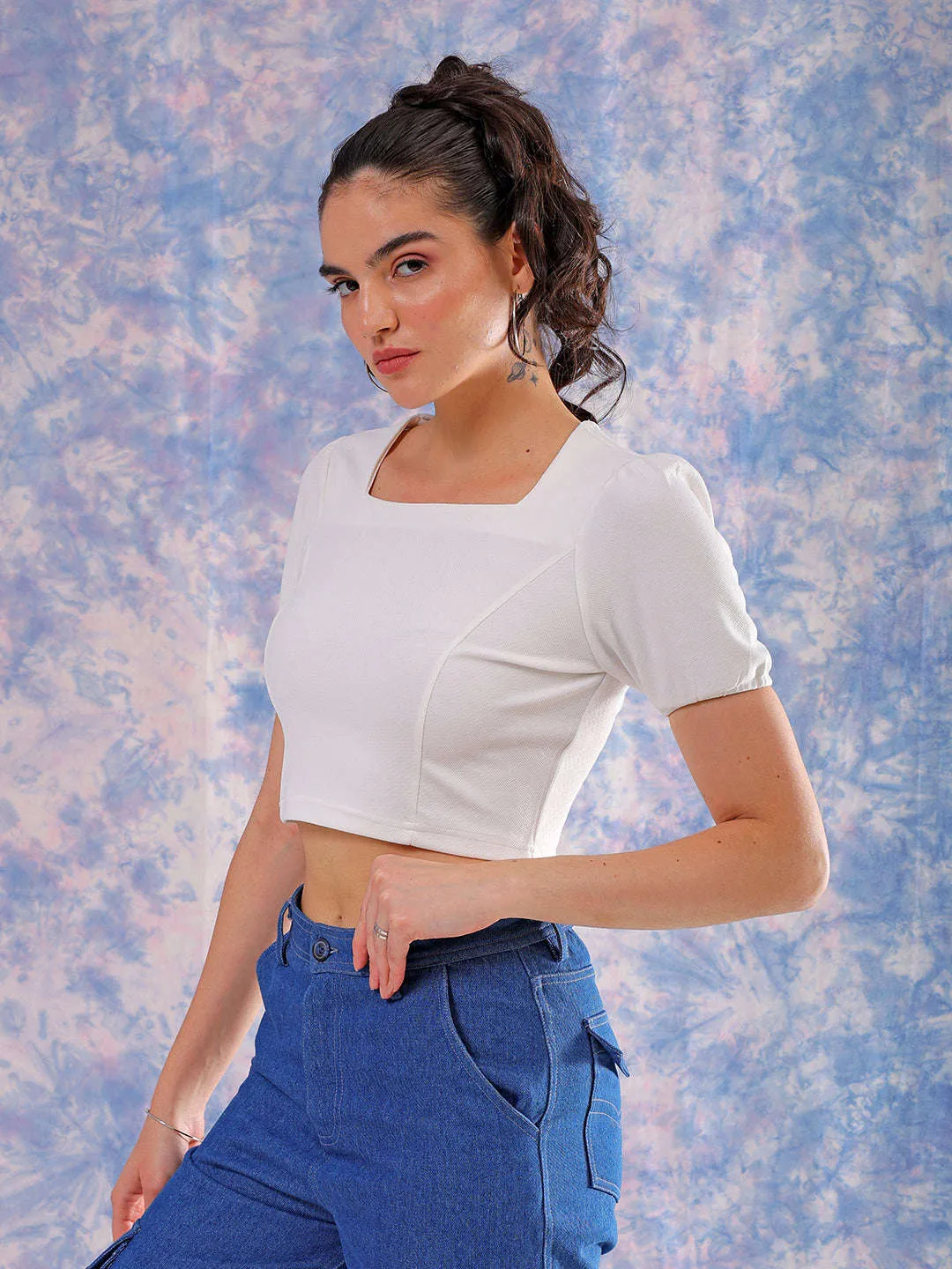 Freehand Women White Fitted Textured Square Neck Crop Top