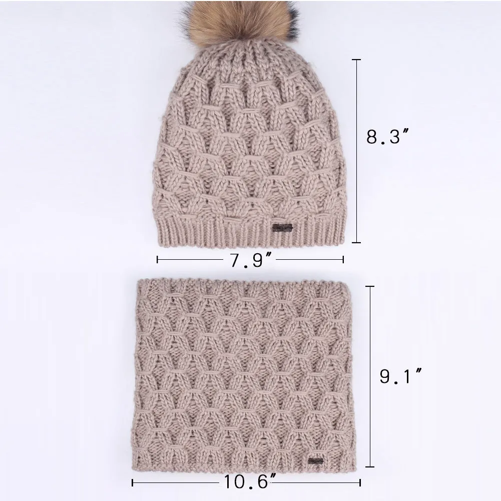 FURTALK Kids Winter Real Fur Pom Pom Hat Scarf Set Diamond pattern Drop Shipping SFFW032