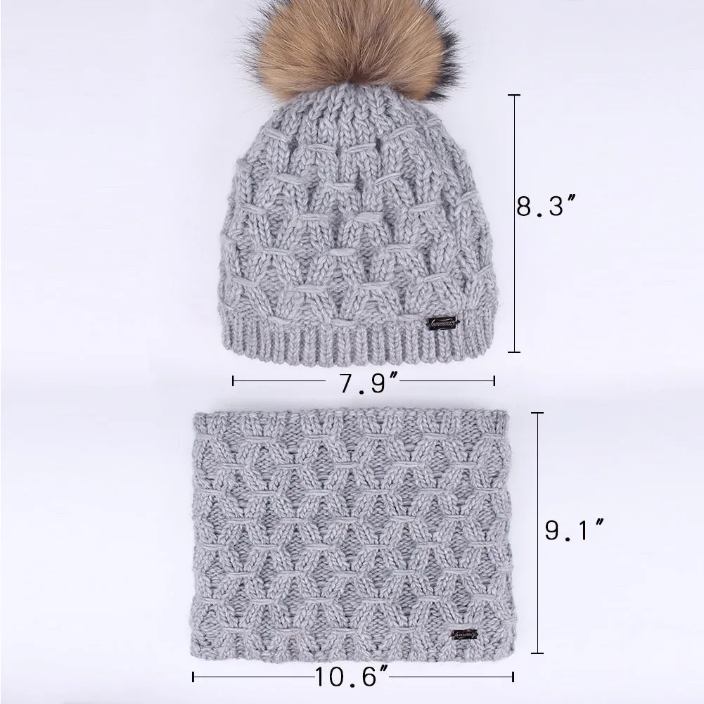 FURTALK Kids Winter Real Fur Pom Pom Hat Scarf Set Diamond pattern Drop Shipping SFFW032