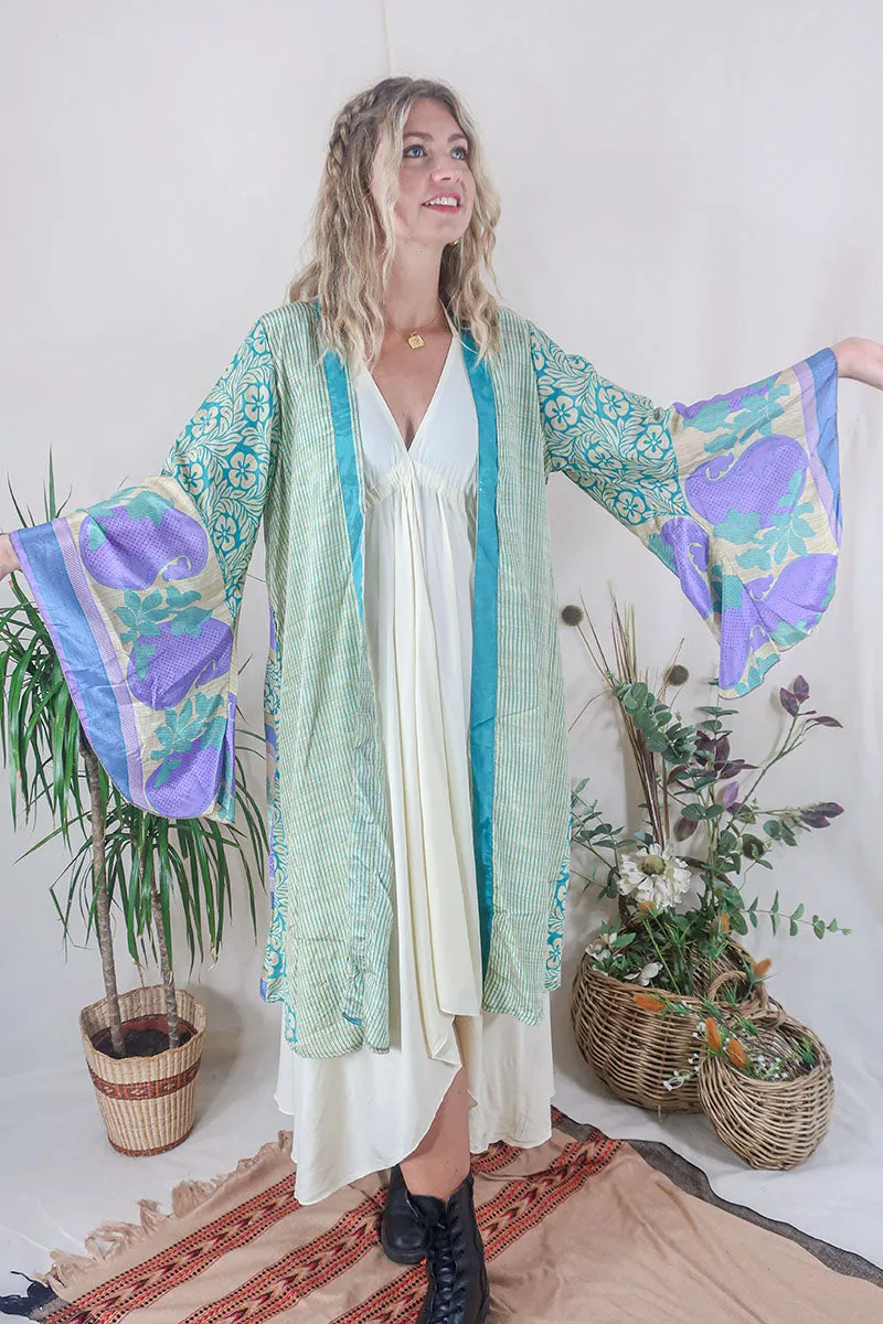 Gemini Kimono - Hawaiian Blue & Hibiscus Lilac - Vintage Indian Sari - Size XS