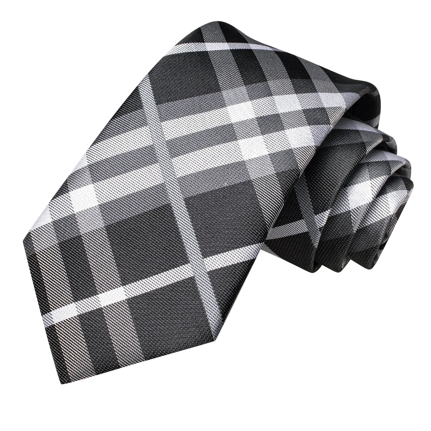 Grey White Plaid Silk Men's Tie Hanky Cufflinks Set