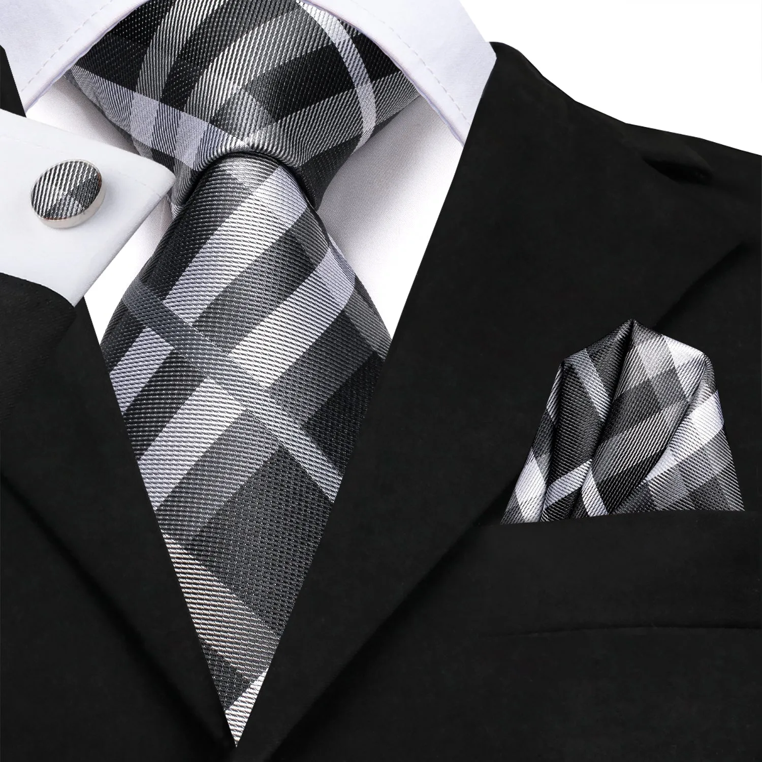 Grey White Plaid Silk Men's Tie Hanky Cufflinks Set