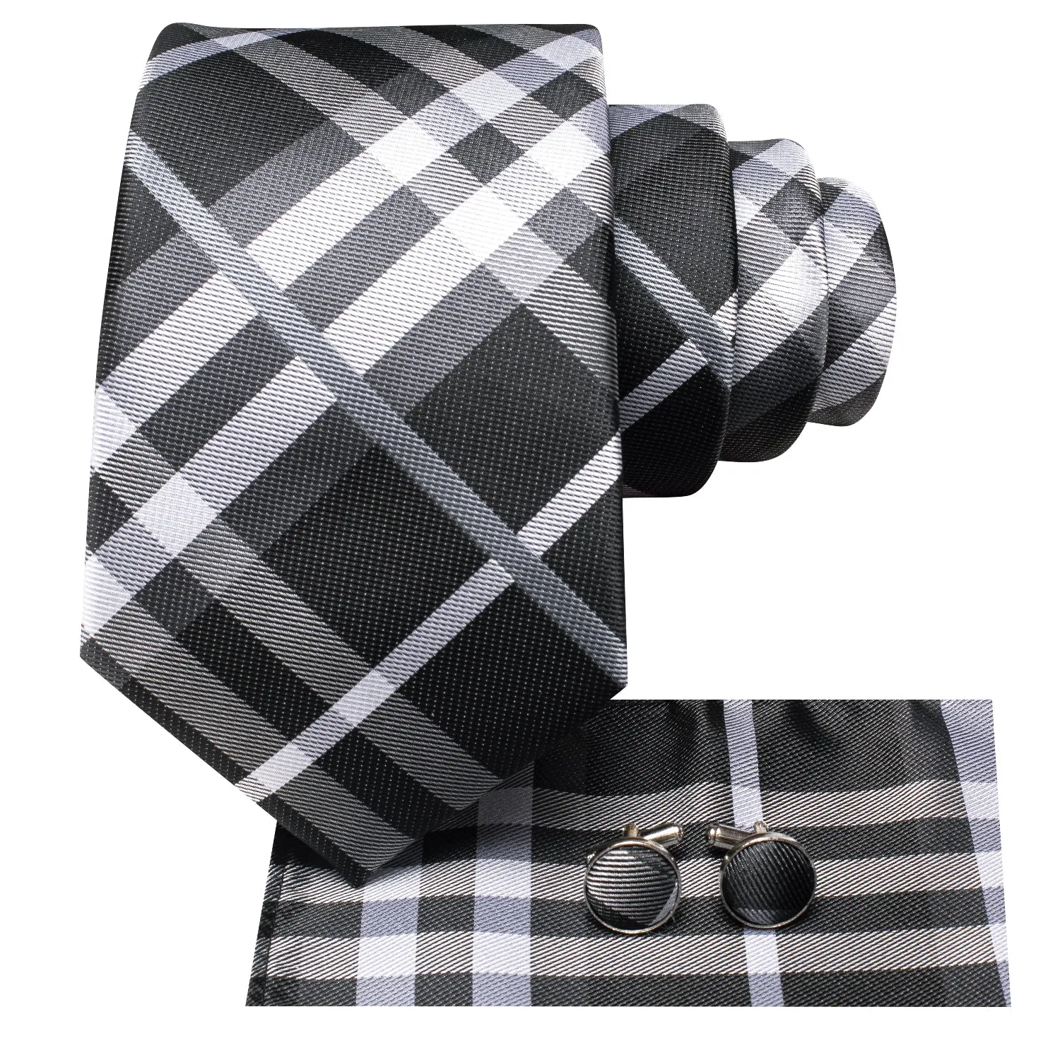 Grey White Plaid Silk Men's Tie Hanky Cufflinks Set