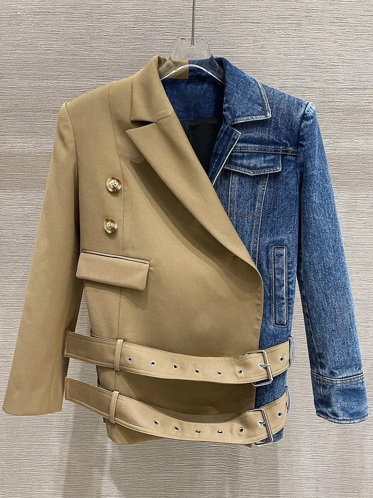 Hit Color Designer Jackets For Women Notched Collar Long Sleeves Patchwork Denim Jacket Female Fashion Clothes