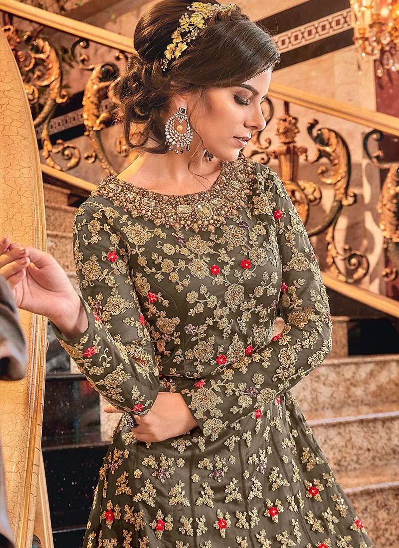 Impeccable Brown Designer Net Jacket Anarkali Suit