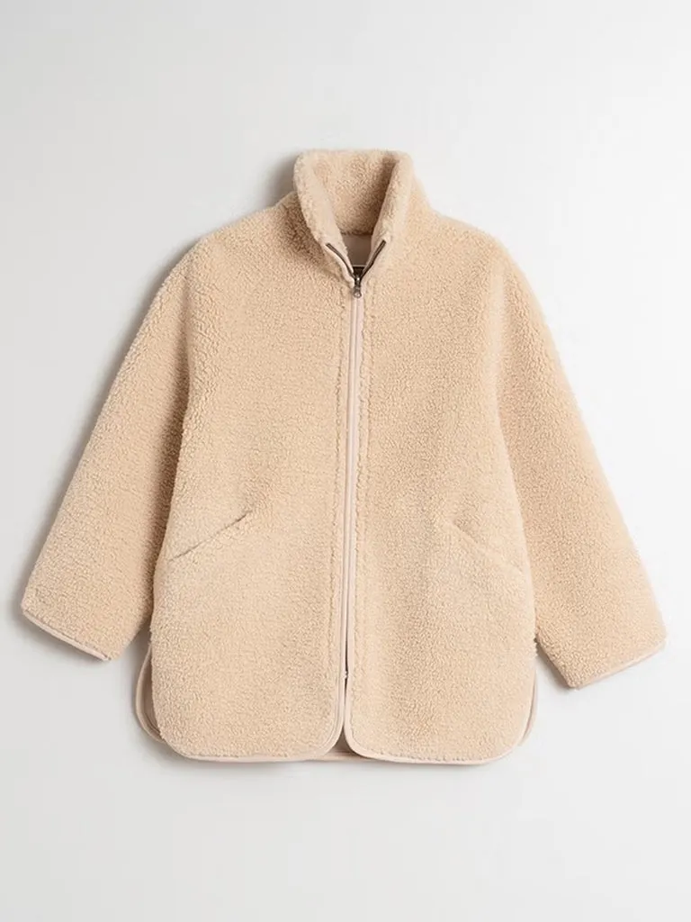 Indi & Cold Reversible Teddy Jacket in Ecru