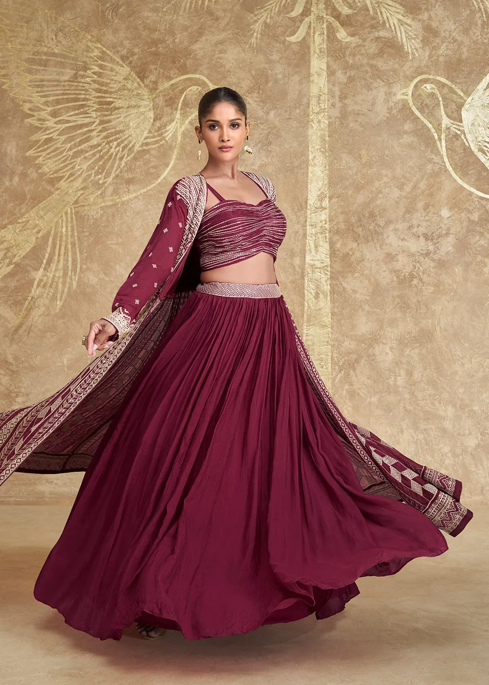 Jacket Style Maroon Embroidered Festive Lehenga Choli