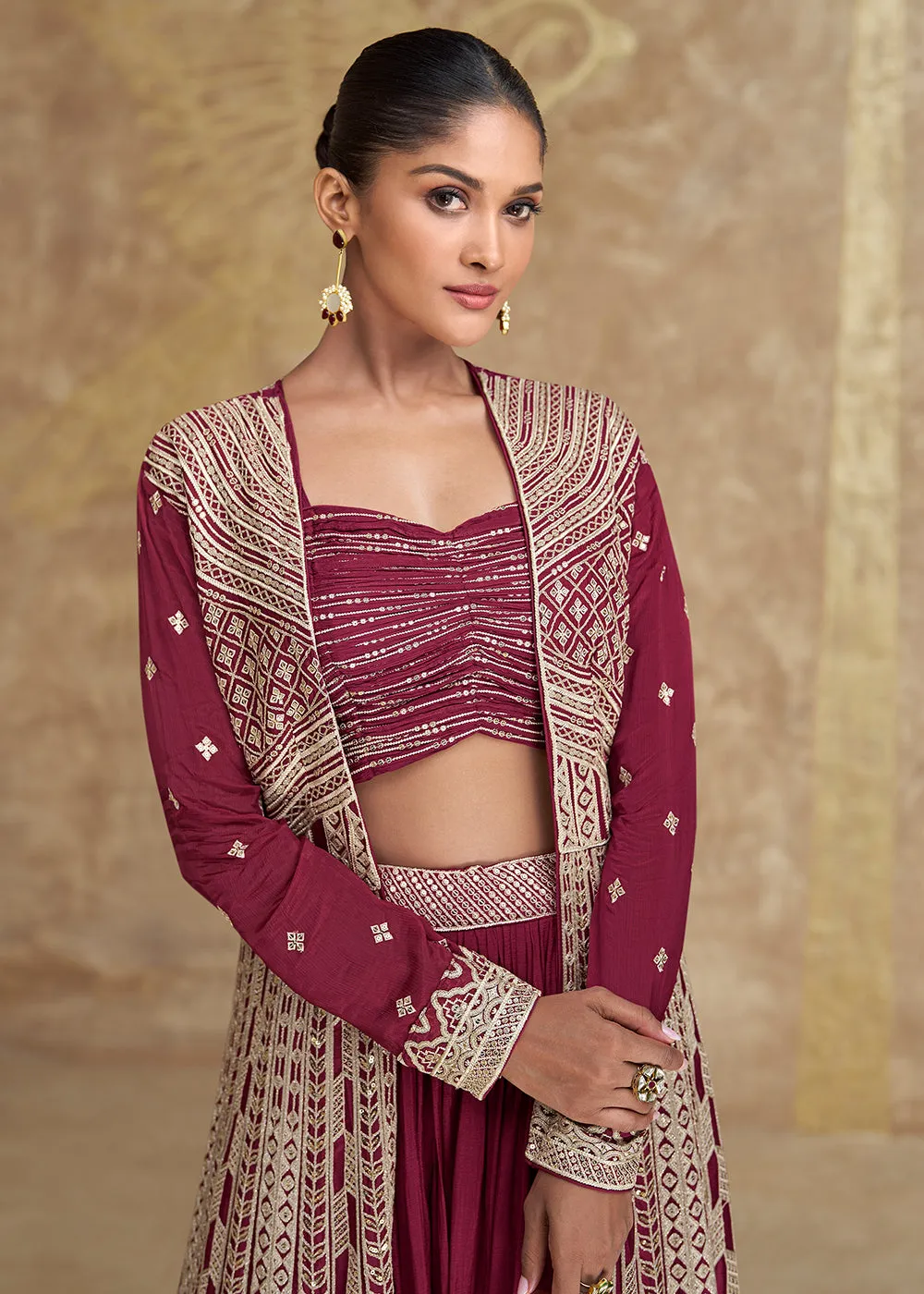 Jacket Style Maroon Embroidered Festive Lehenga Choli