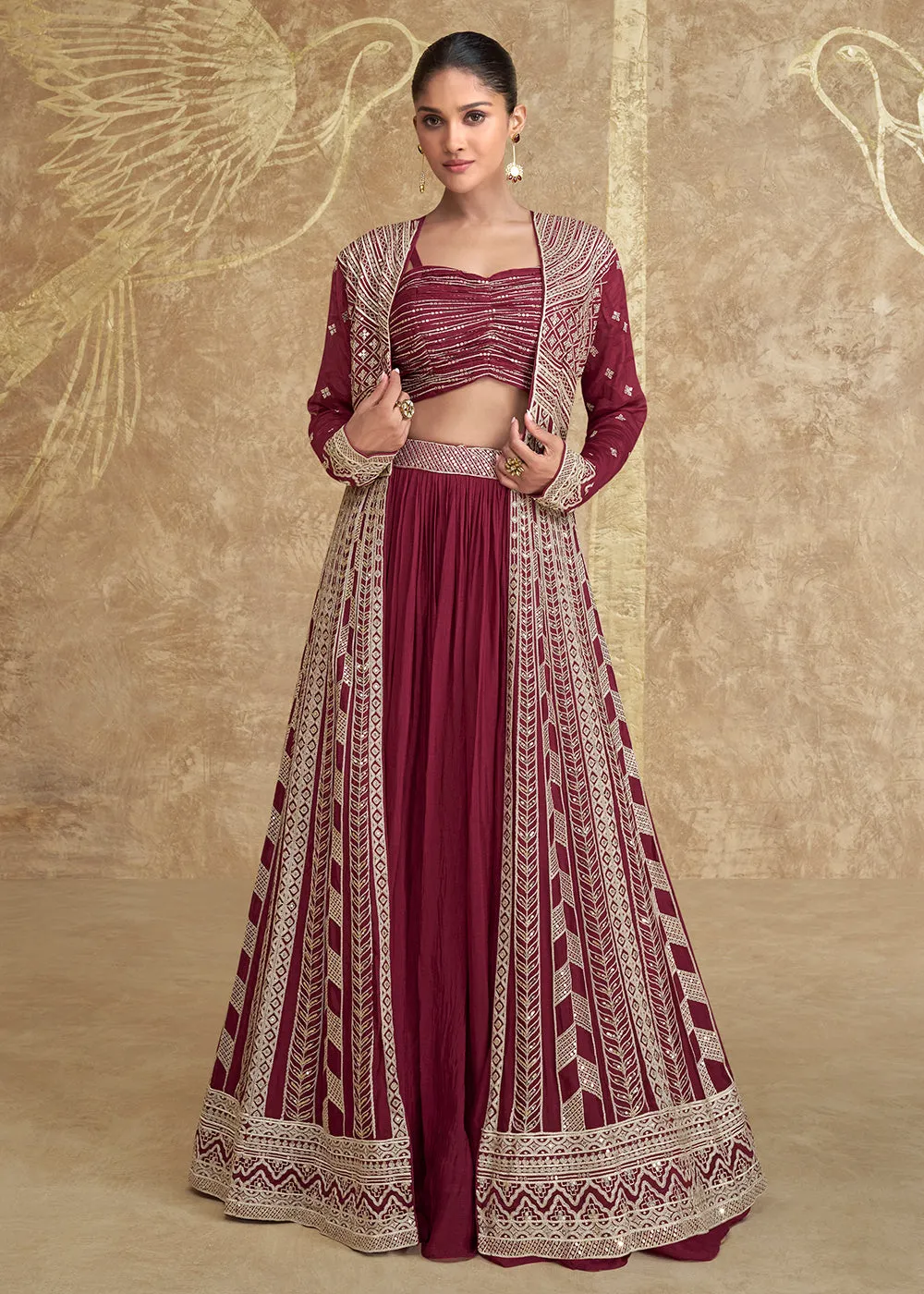 Jacket Style Maroon Embroidered Festive Lehenga Choli