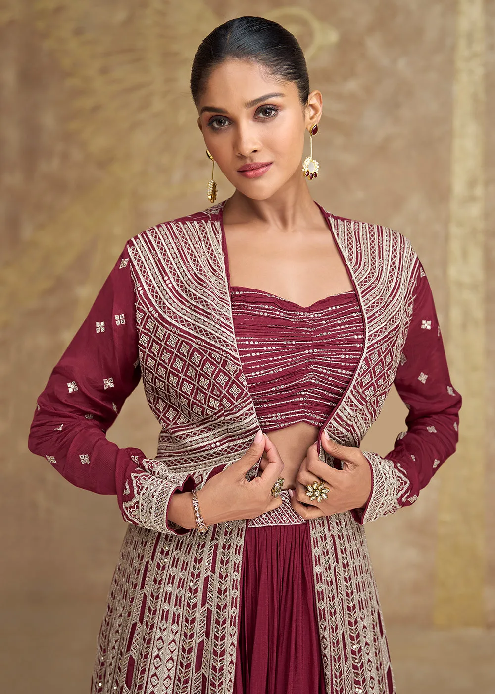 Jacket Style Maroon Embroidered Festive Lehenga Choli