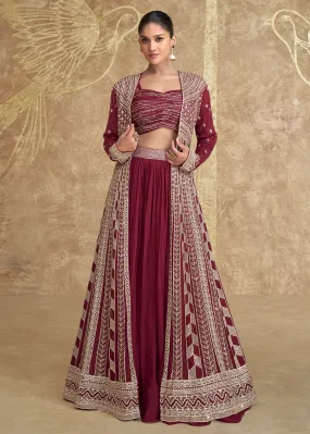 Jacket Style Maroon Embroidered Festive Lehenga Choli