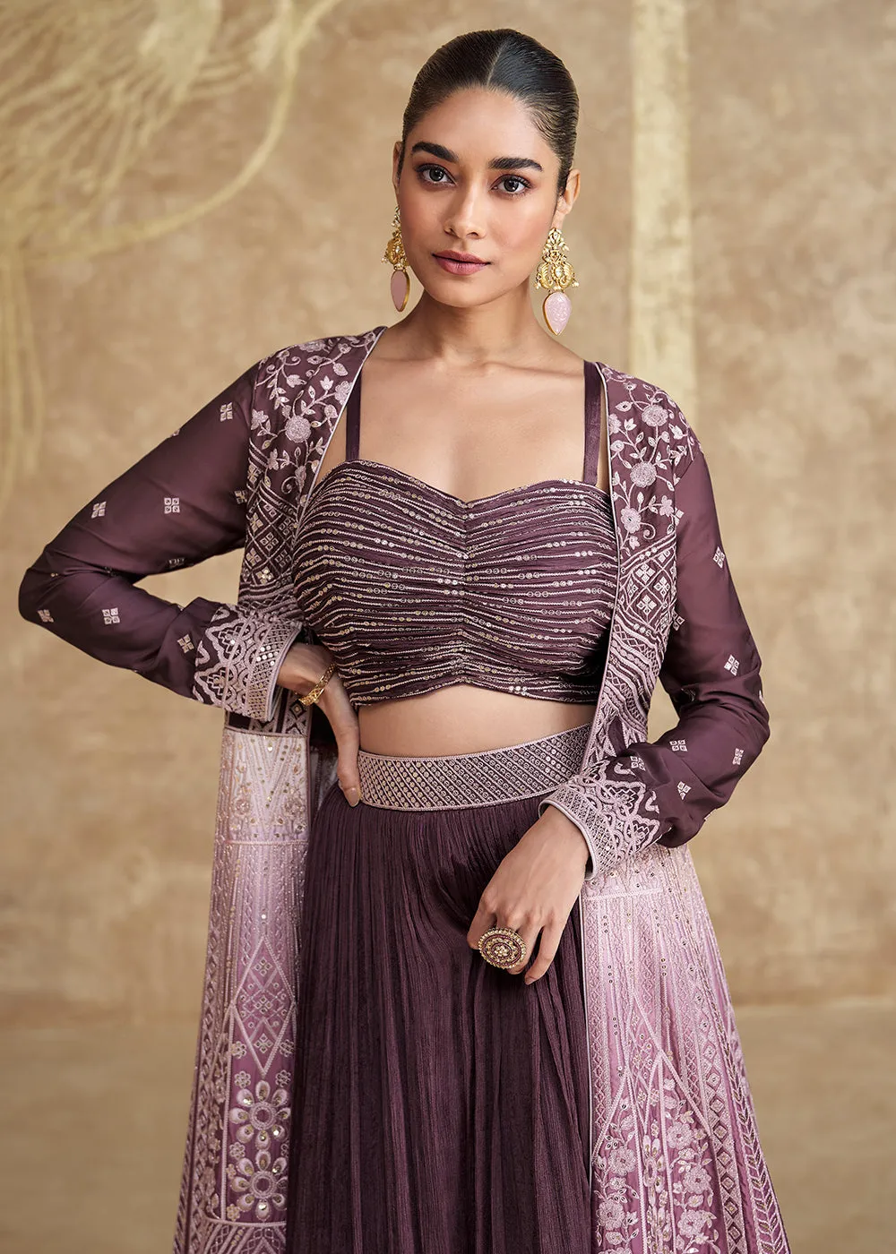 Jacket Style Purple Embroidered Festive Lehenga Choli