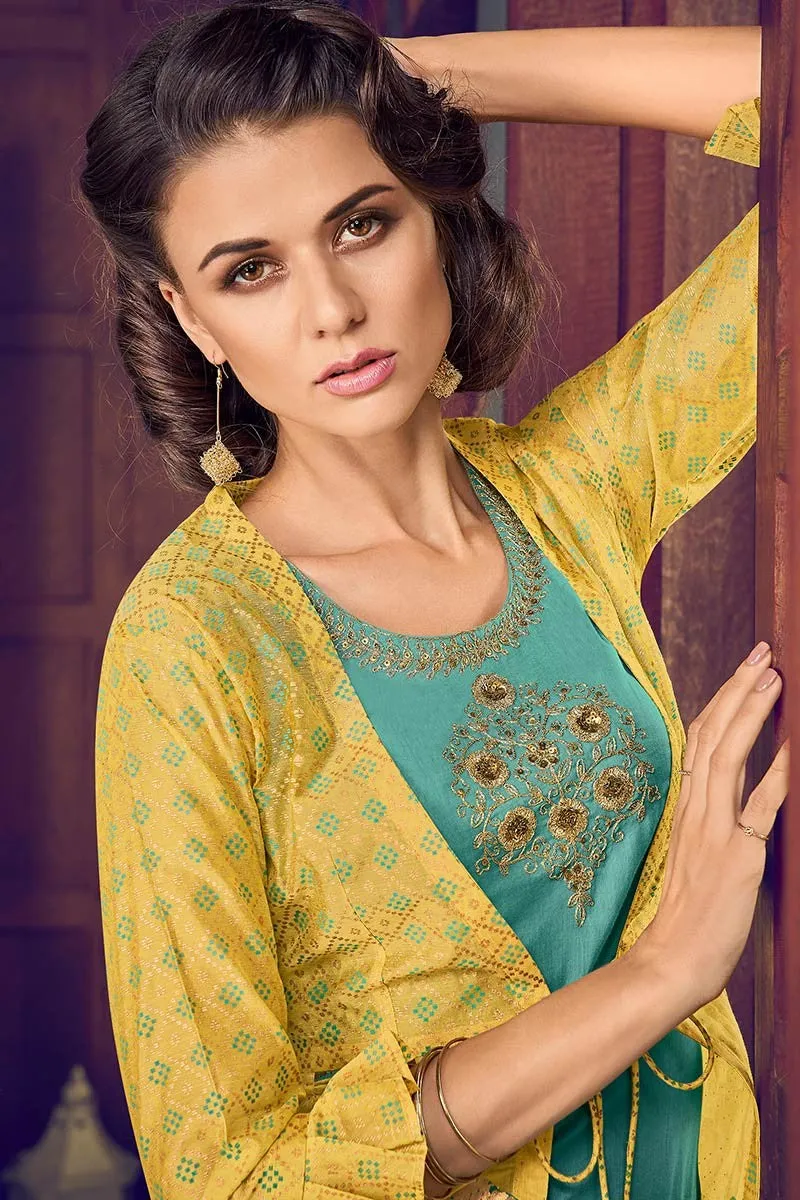 Jacket Style Teal & Yellow Embroidered Designer Suit